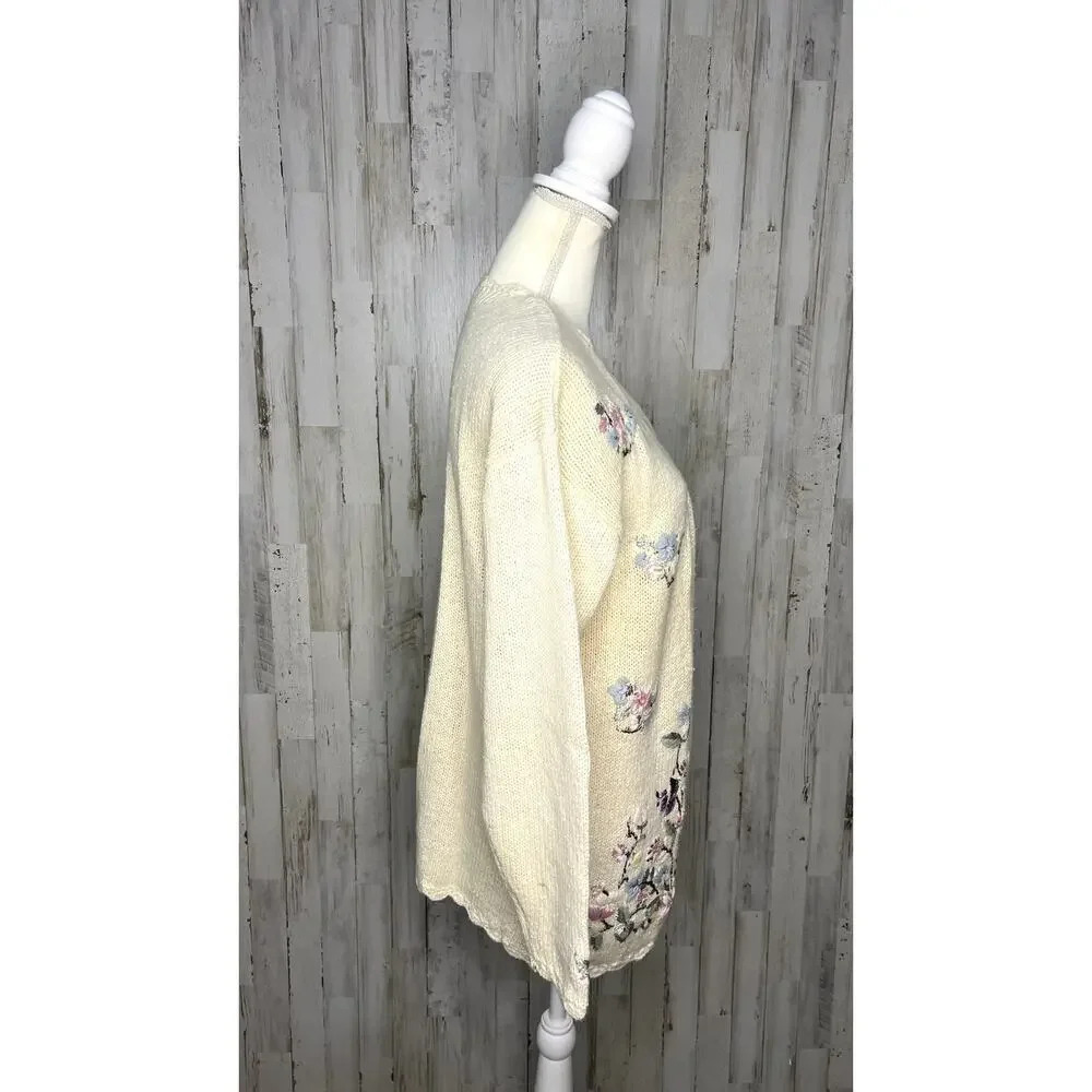 Vintage 80s Crystal Kobe Floral Embroidered Knit Cardigan Beige Women's‎ Medium - Picture 3 of 7